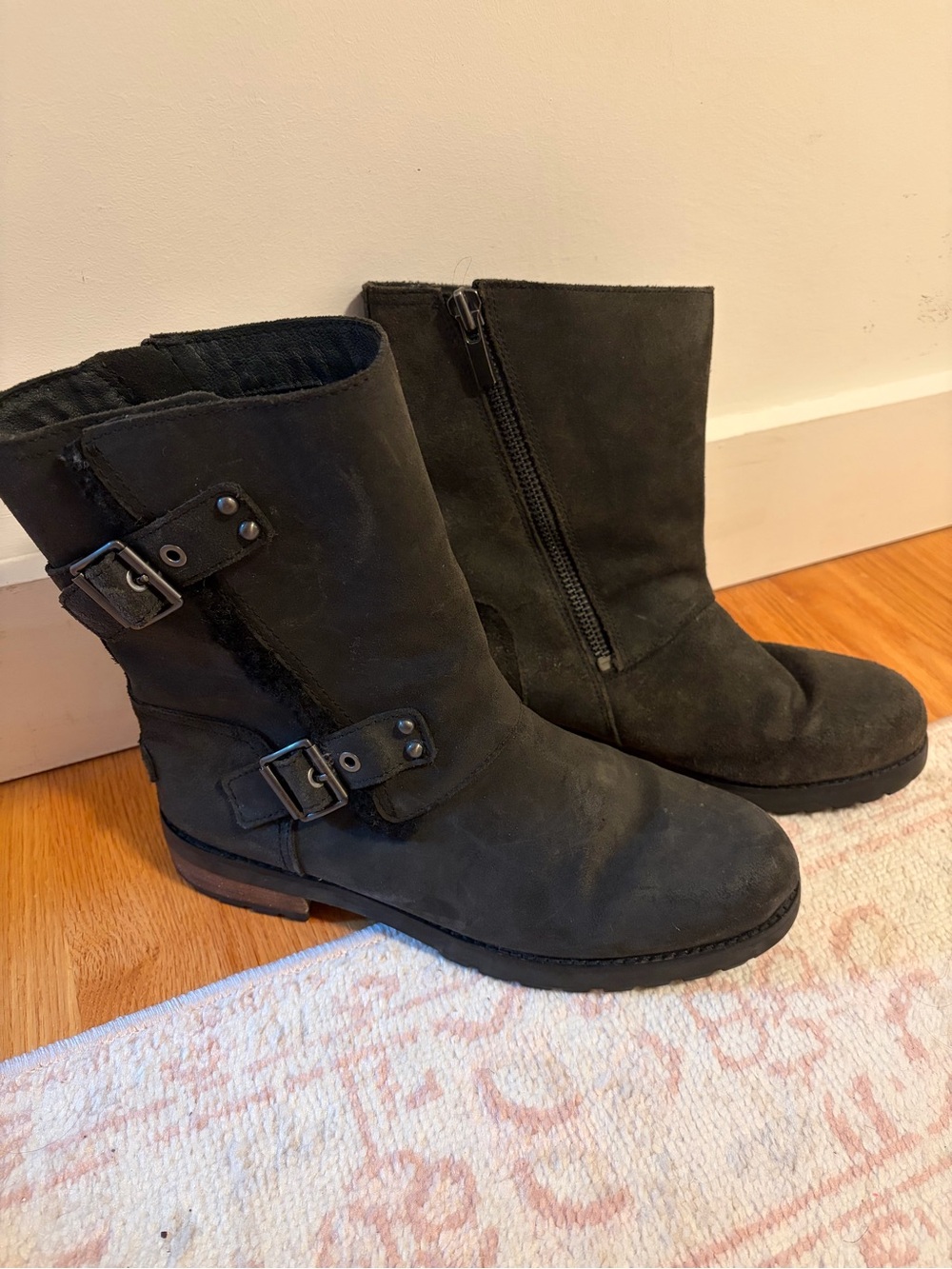 UGG Kids Black Suede Buckle Moto Boots